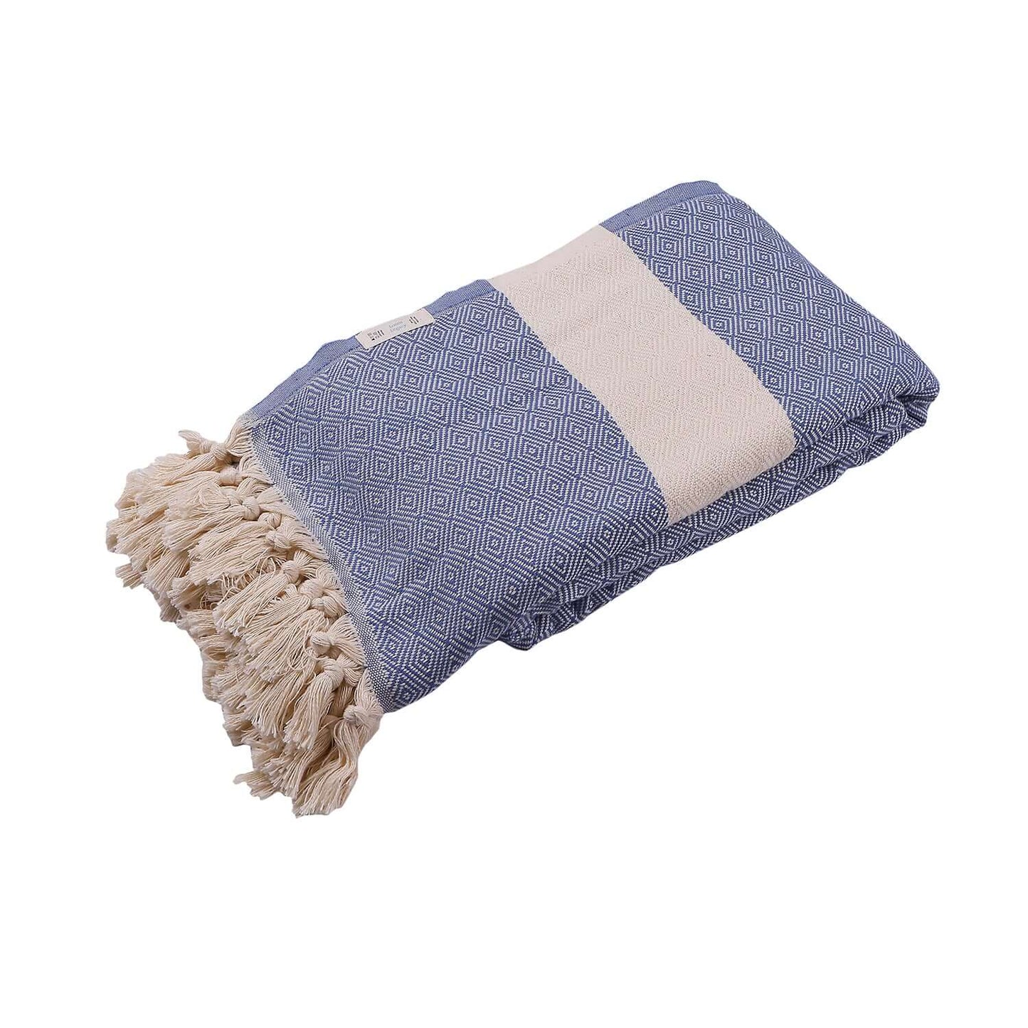 Loom Legacy blue geometric-patterned cotton blanket with beige stripe and tasseled edge detail