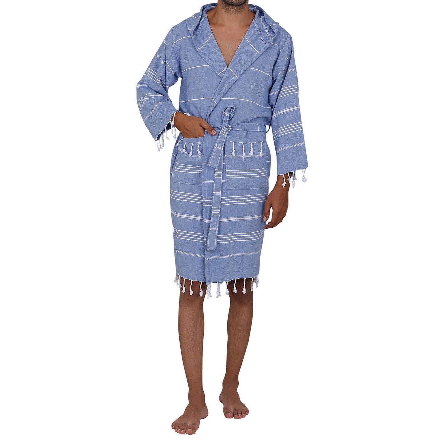 Man wearing Loom Legacy medium/large blue bathrobe with white stripes and fringe detailing at the bottom.
