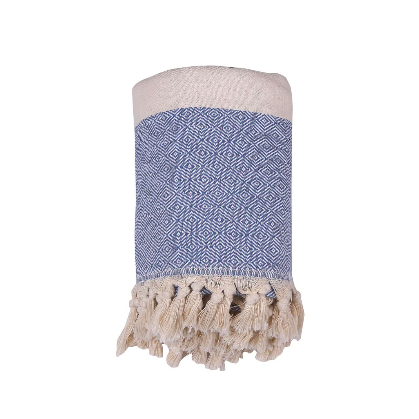 Loom Legacy blue geometric-patterned cotton blanket with fringe detailing.