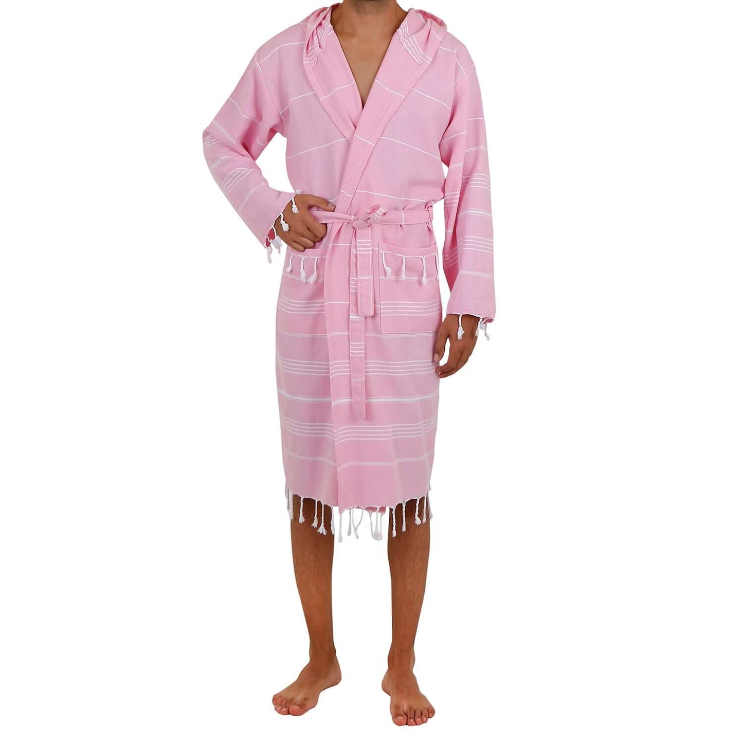 Man wearing Loom Legacy medium/large pink bathrobe with white stripes and fringe detailing at the bottom.