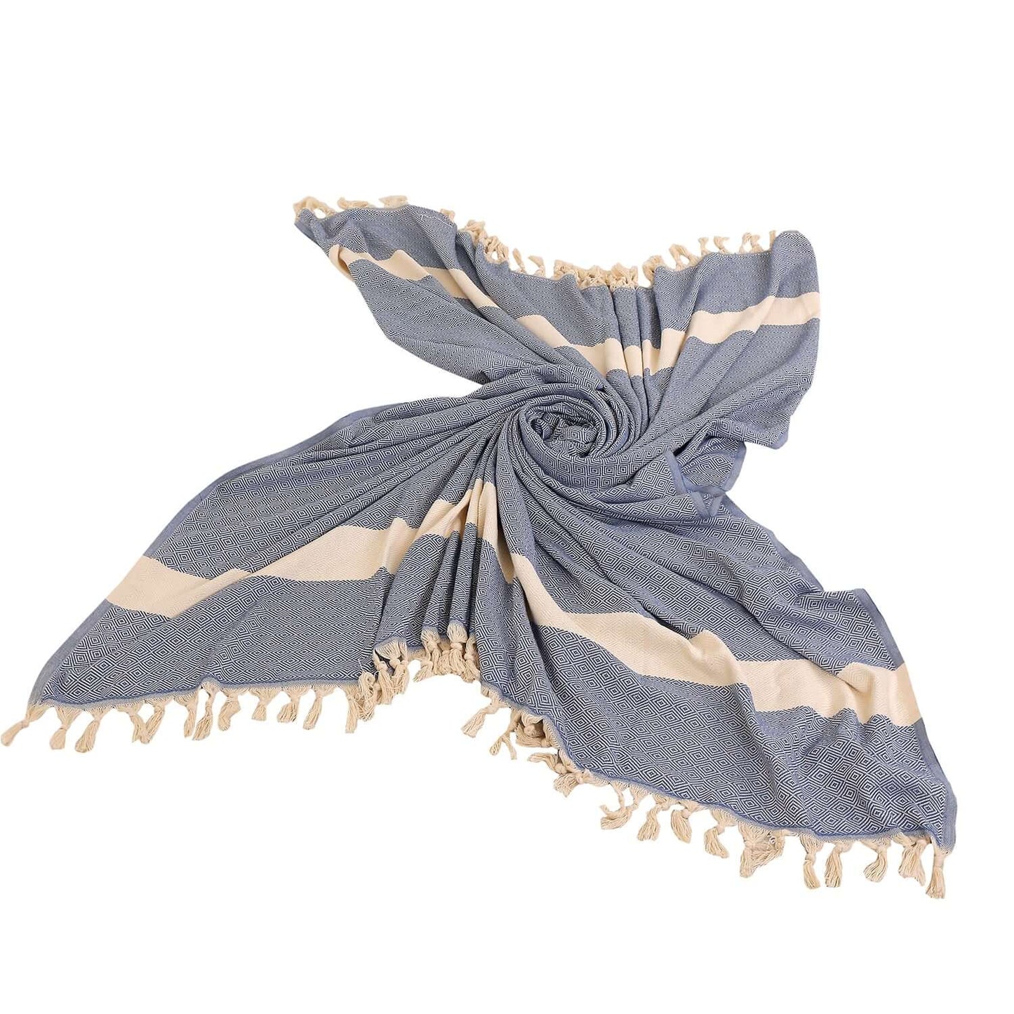 Loom Legacy blue and beige striped cotton blanket elegantly knotted with fringe ends
