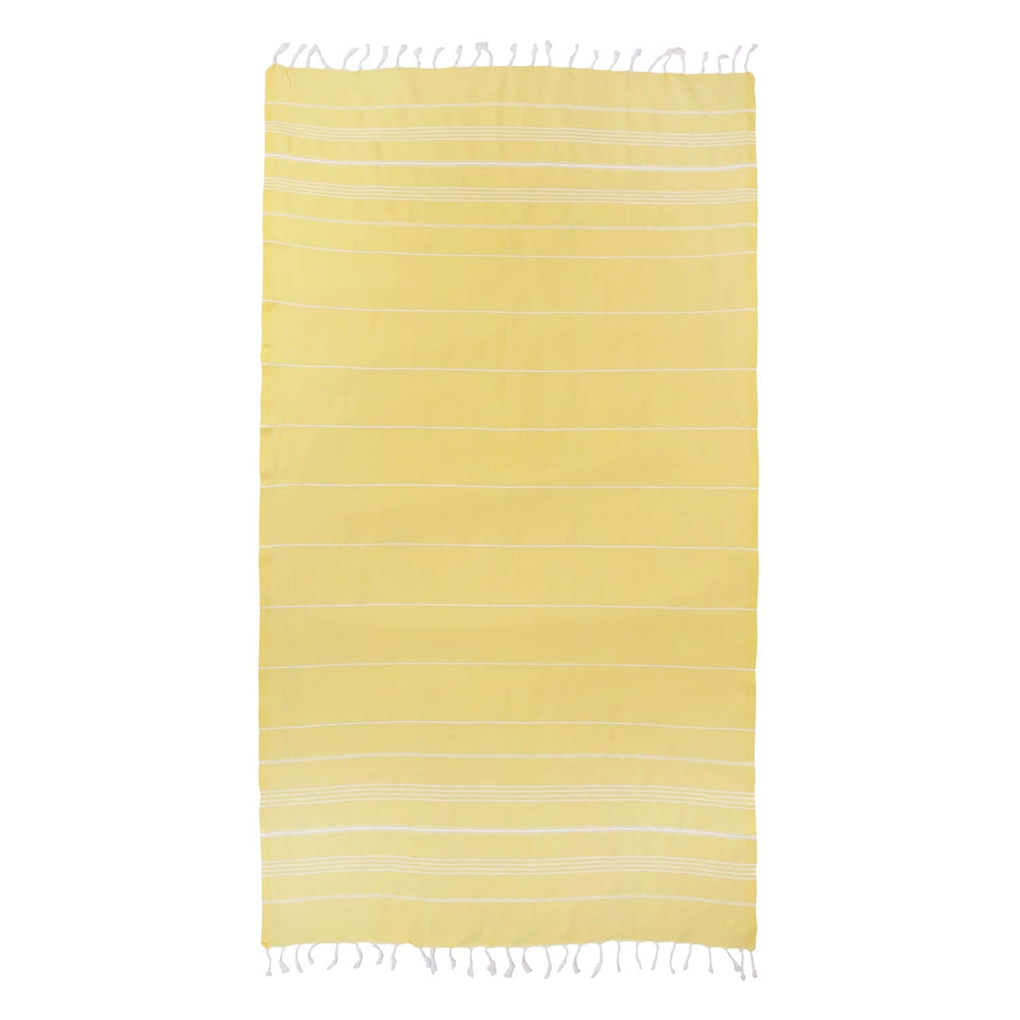 Loom Legacy yellow beach towel with subtle horizontal stripes and white tassels along the top and bottom edges, displayed against a white background.