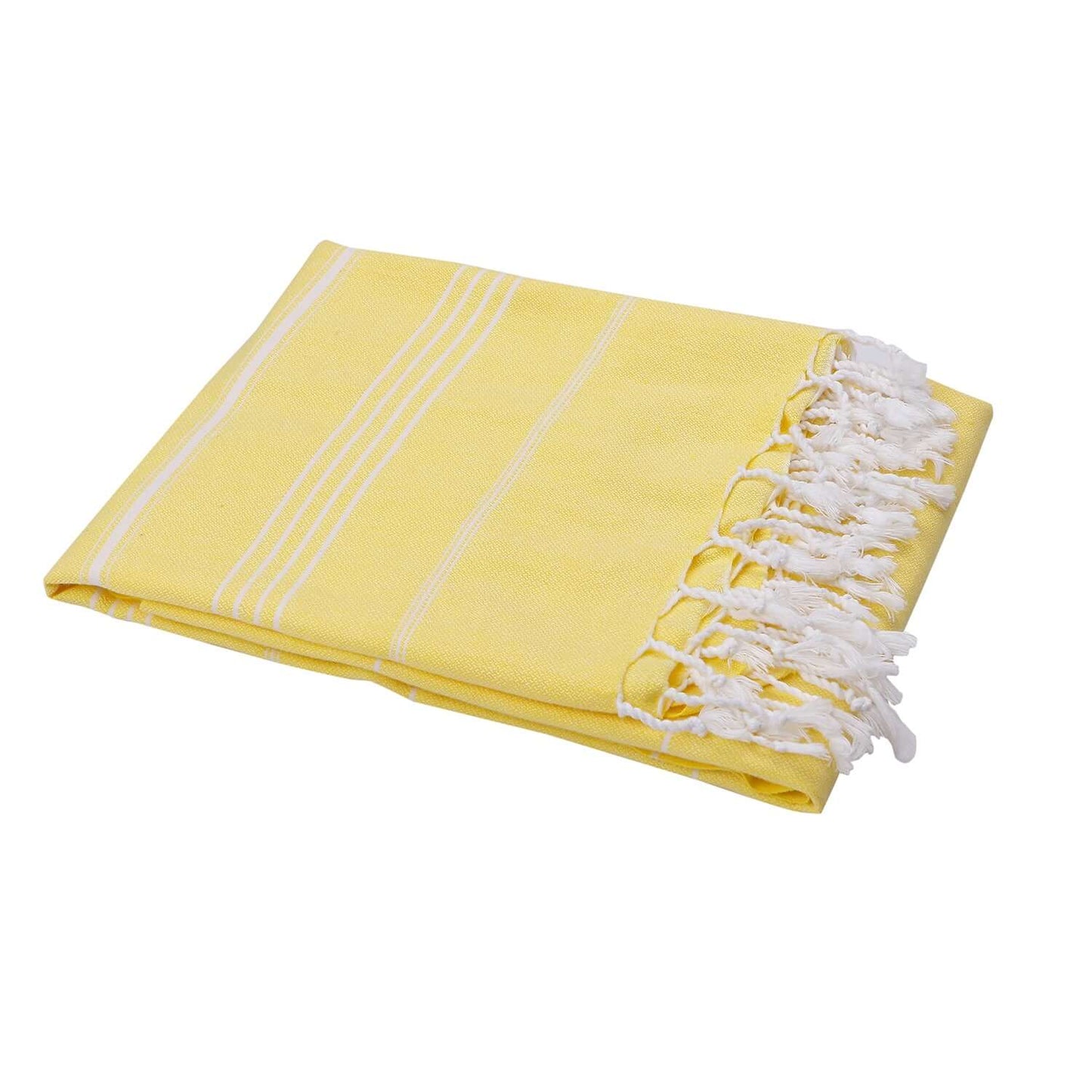 Folded Loom Legacy yellow beach towel with subtle white vertical stripes. The towel features fringed white tassels on its edge, all displayed against a white background.