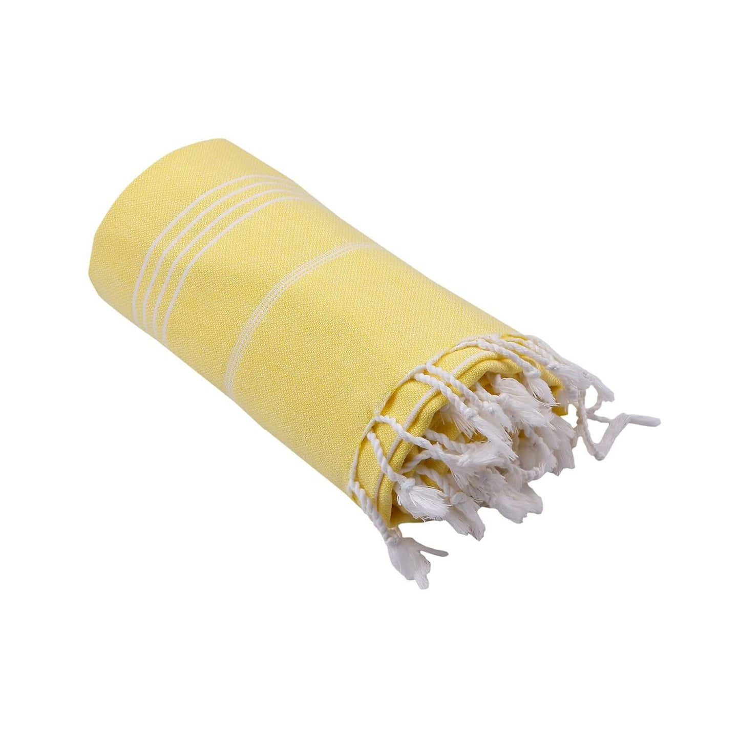 Rolled-up Loom Legacy yellow beach towel with subtle white vertical stripes. One end of the towel showcases fringed white tassels, all presented against a white background.