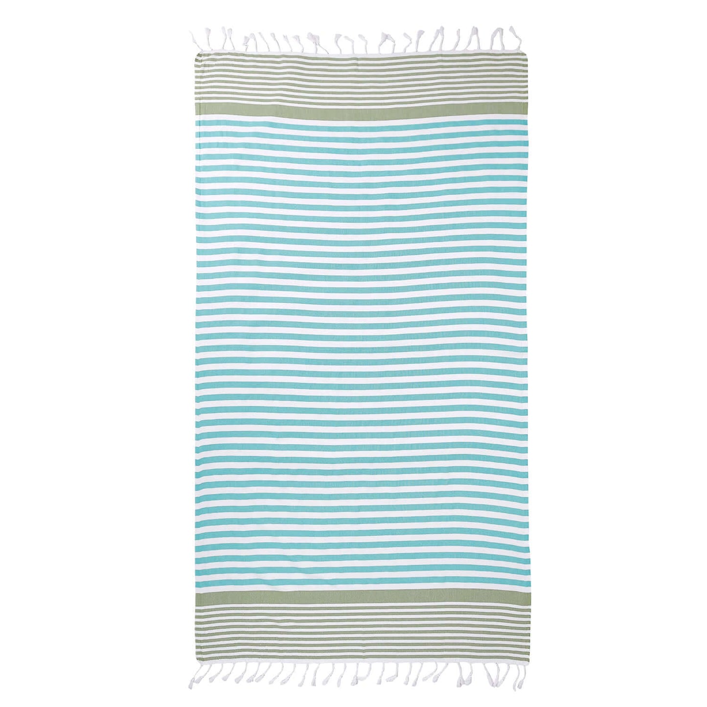 Loom Legacy turquoise and green beach towel with subtle horizontal stripes and white tassels along the top and bottom edges, displayed against a white background.