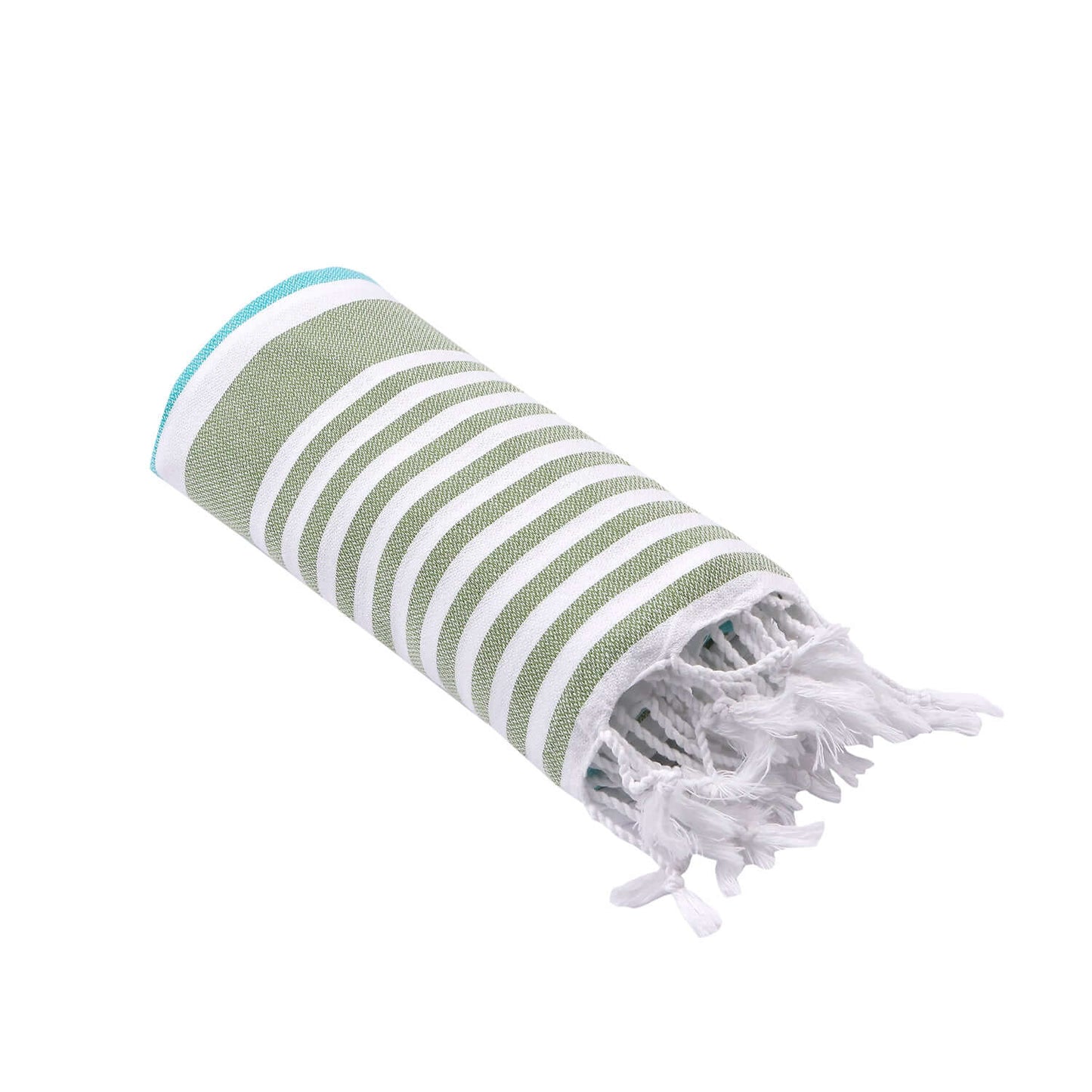 Rolled-up Loom Legacy turquoise and green beach towel with subtle white vertical stripes. One end of the towel showcases fringed white tassels, all presented against a white background.