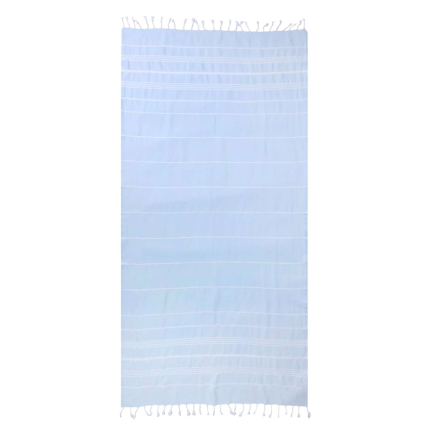 Loom Legacy light blue beach towel with subtle horizontal stripes and white tassels along the top and bottom edges, displayed against a white background.