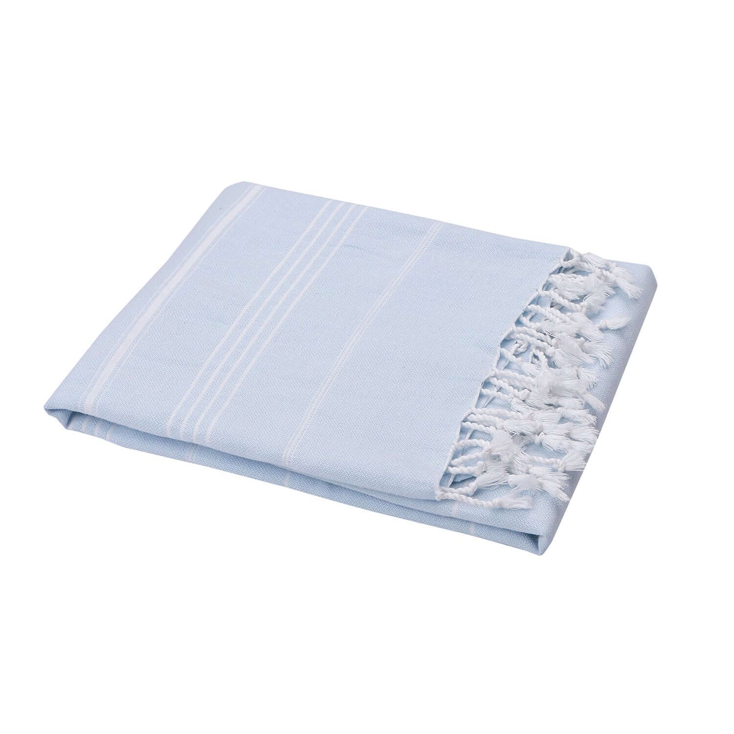 Folded Loom Legacy light blue beach towel with subtle white vertical stripes. The towel features fringed white tassels on its edge, all displayed against a white background.