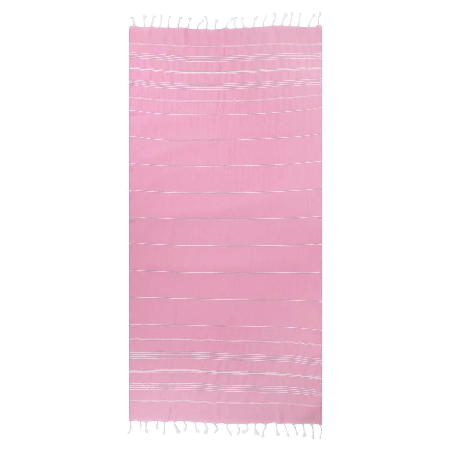 Loom Legacy pink beach towel with subtle horizontal stripes and white tassels along the top and bottom edges, displayed against a white background.