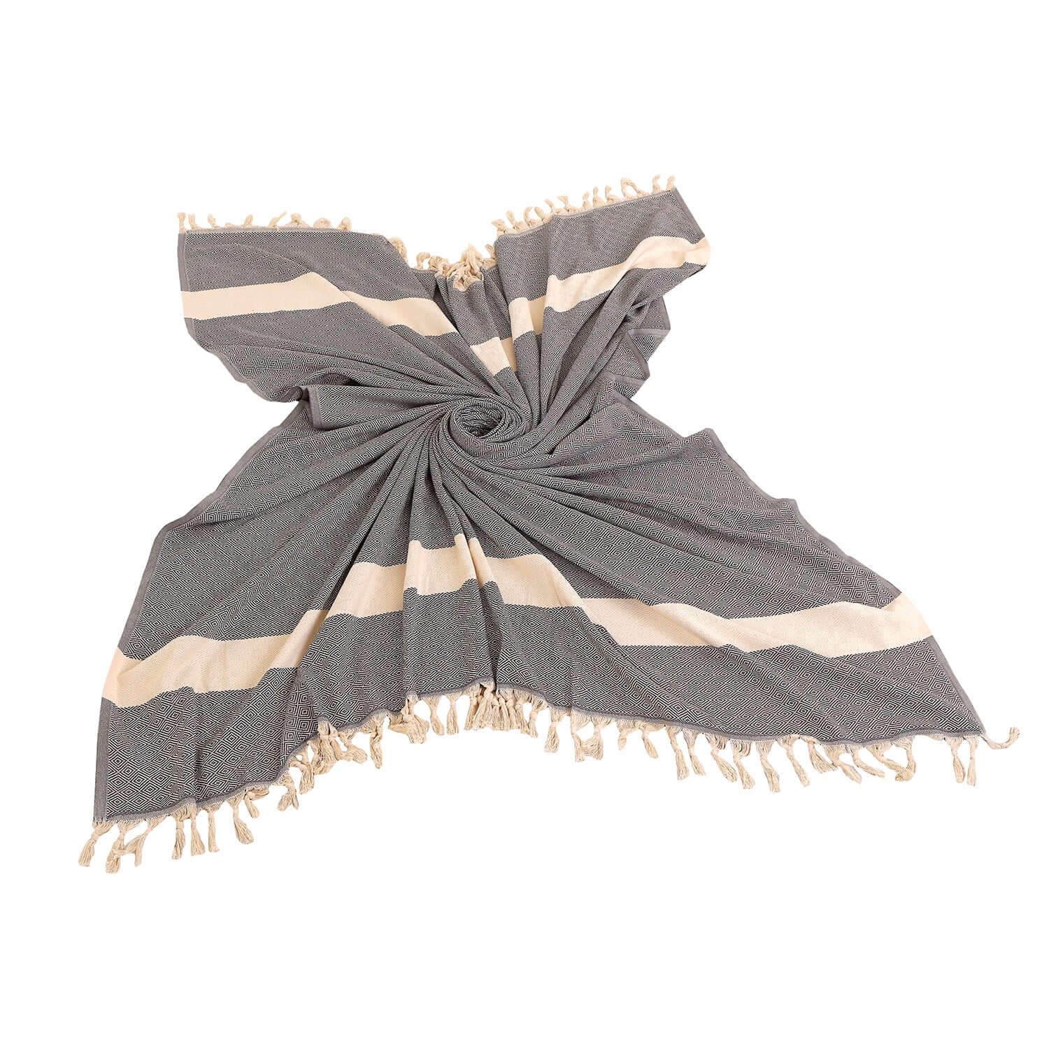 Loom Legacy grey and beige striped cotton blanket elegantly knotted with fringe ends