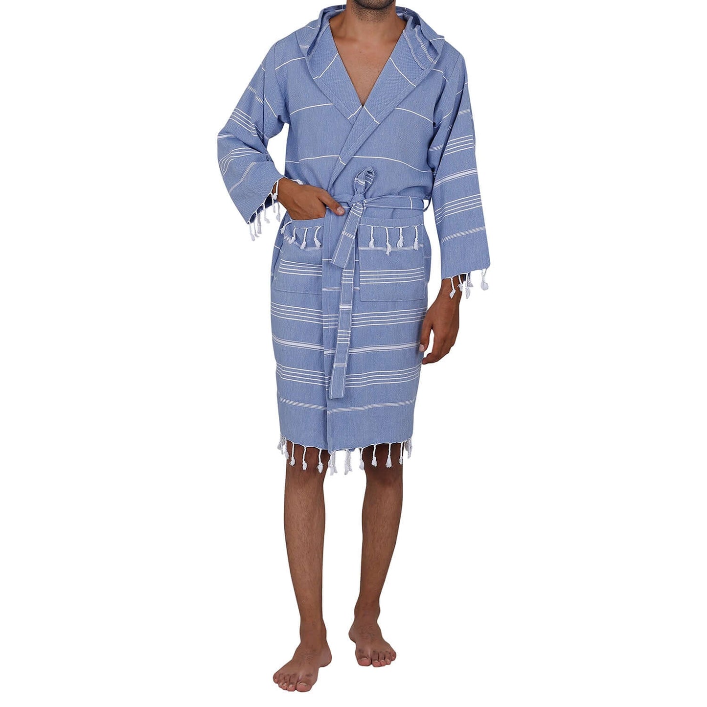 Man wearing Loom Legacy xsmall/small blue bathrobe with white stripes and fringe detailing at the bottom.