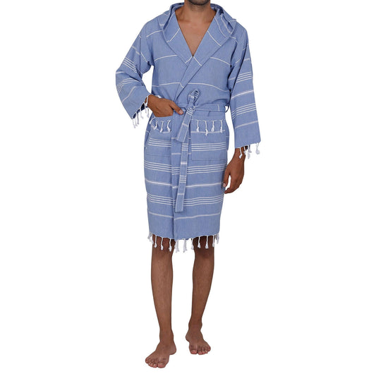 Man wearing Loom Legacy medium/large blue bathrobe with white stripes and fringe detailing at the bottom.