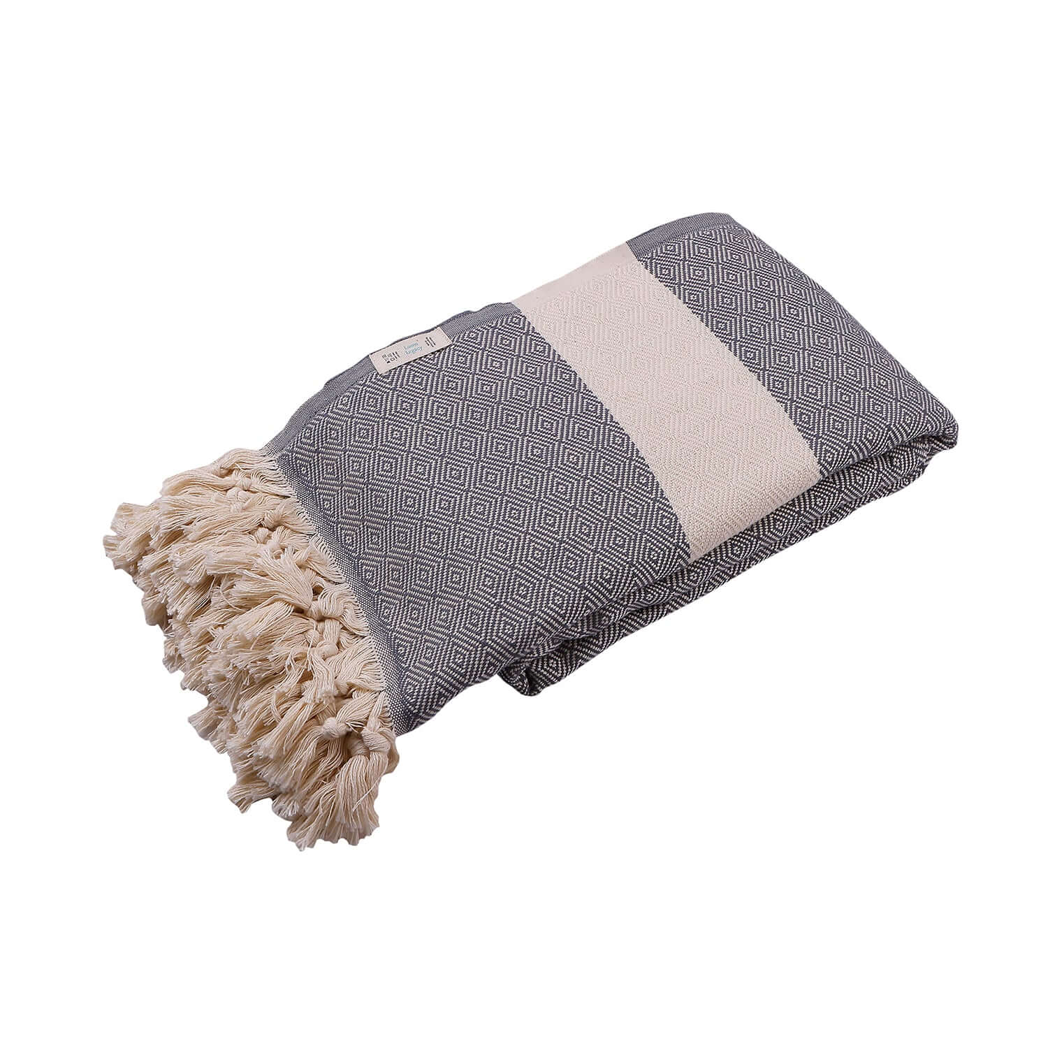 Loom Legacy grey geometric-patterned cotton blanket with beige stripe and tasseled edge detail