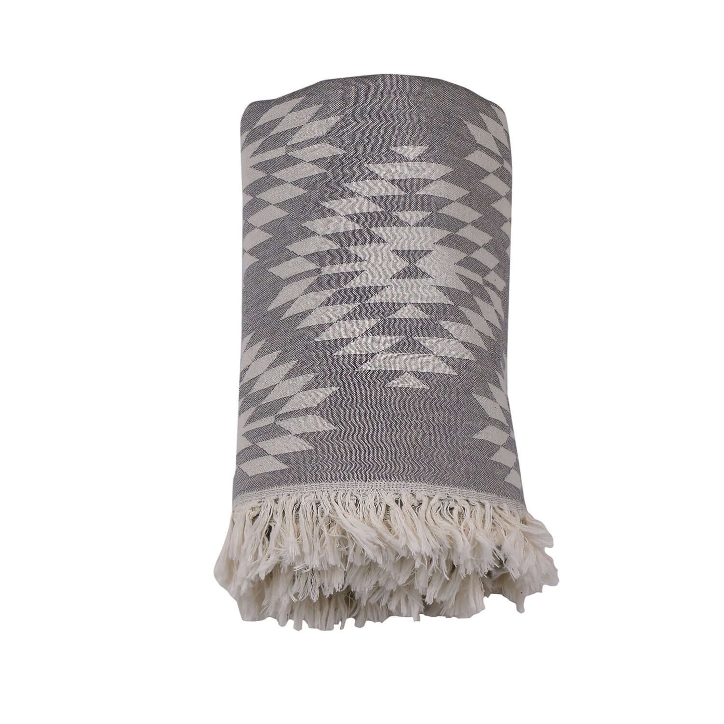 A vertically folded cotton Loom Legacy blanket that features a captivating white geometric pattern against a muted grey canvas, with delicate fringes at the bottom, providing both aesthetic appeal and tactile comfort.