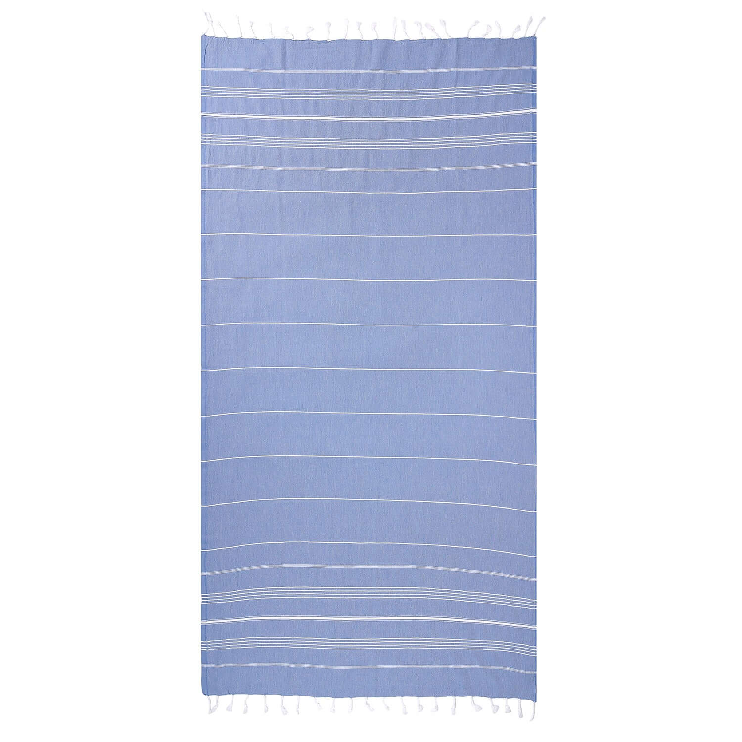 Loom Legacy dark blue beach towel with subtle horizontal stripes and white tassels along the top and bottom edges, displayed against a white background.