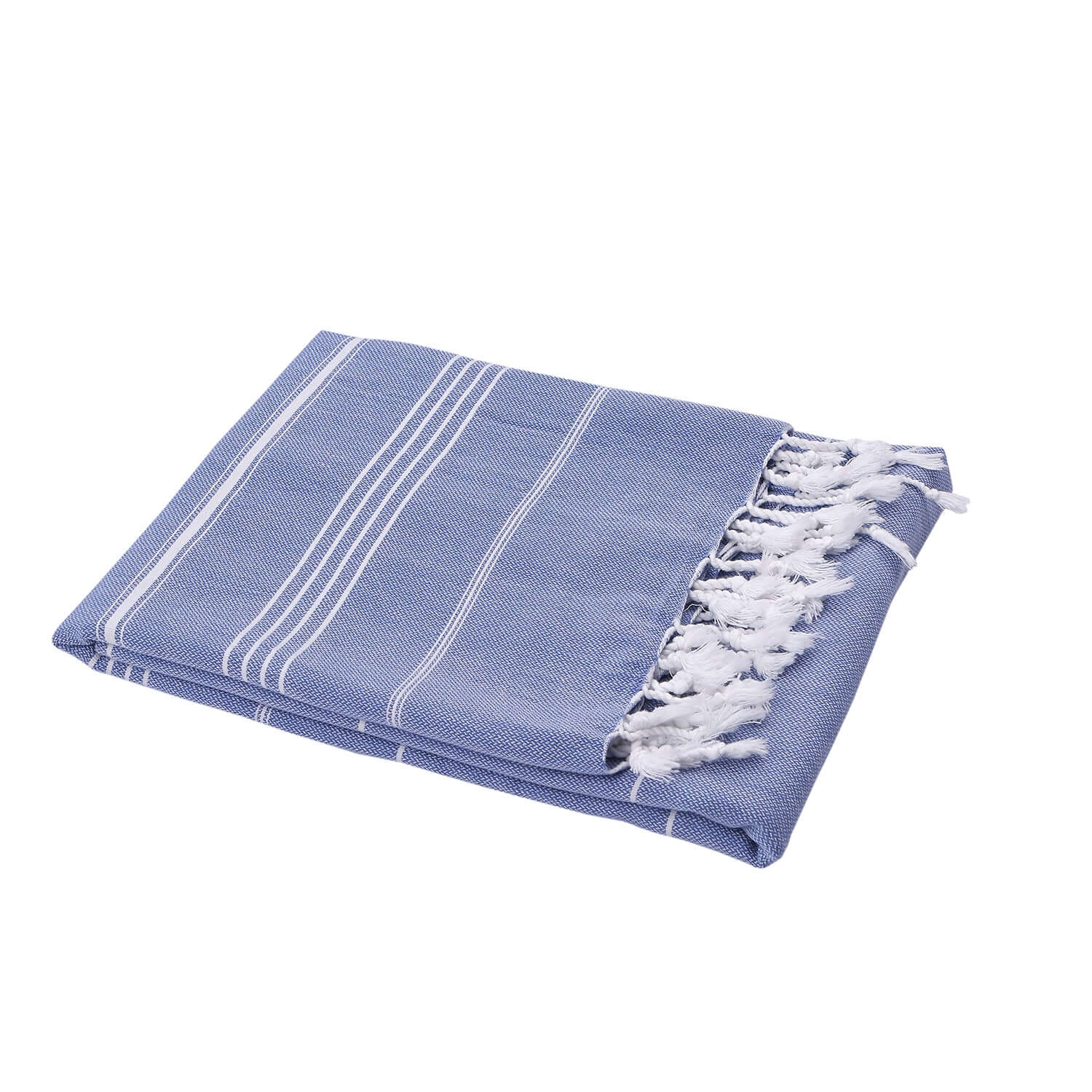 Folded Loom Legacy dark blue beach towel with subtle white vertical stripes. The towel features fringed white tassels on its edge, all displayed against a white background.