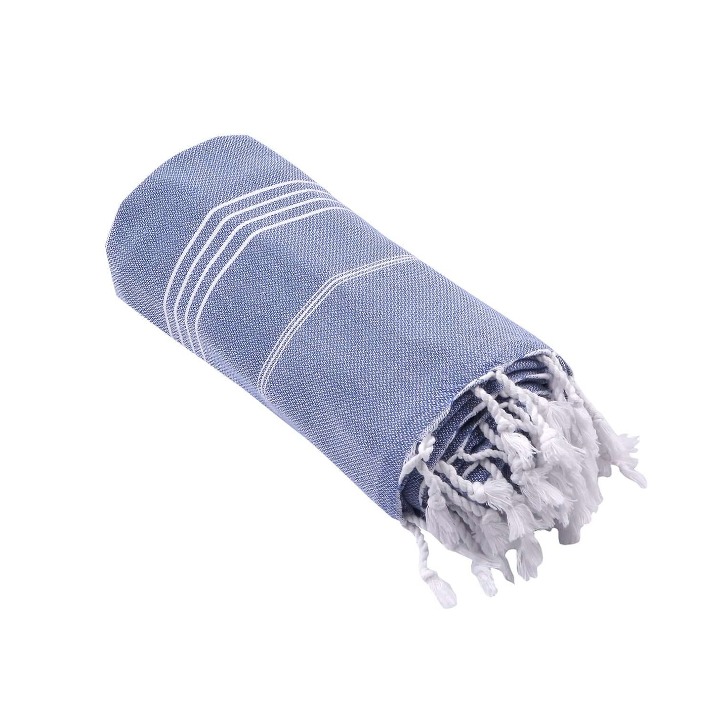 Rolled-up Loom Legacy dark blue beach towel with subtle white vertical stripes. One end of the towel showcases fringed white tassels, all presented against a white background.