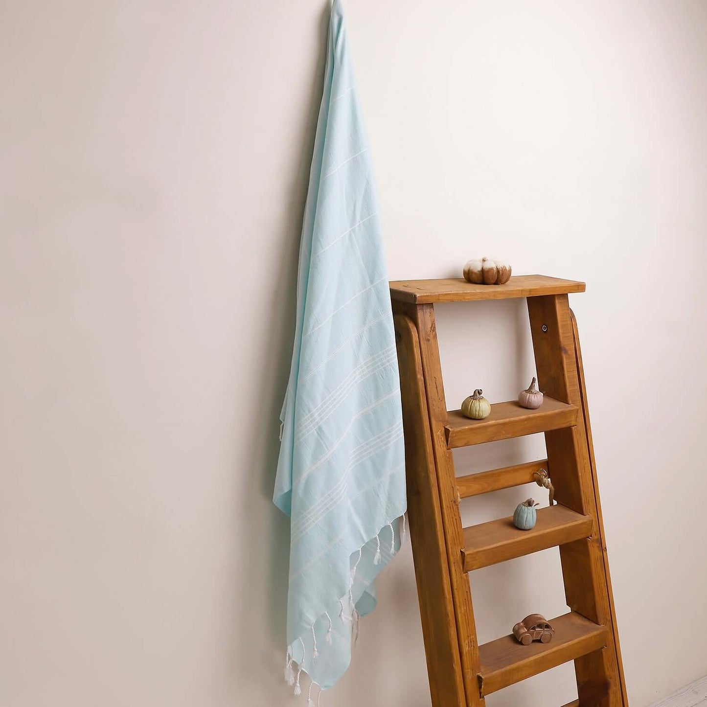 Loom Legacy aqua striped beach towel with tassels, draped over a wooden ladder beside small decorative items on the shelves.