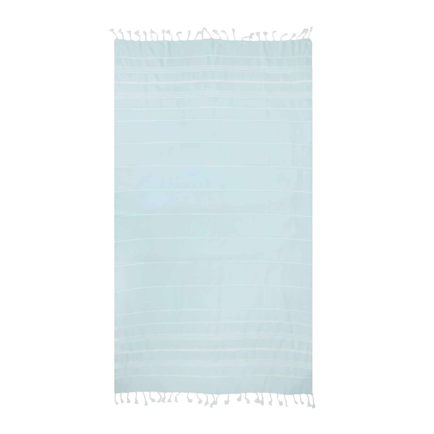 Loom Legacy aqua beach towel with subtle horizontal stripes and white tassels along the top and bottom edges, displayed against a white background.