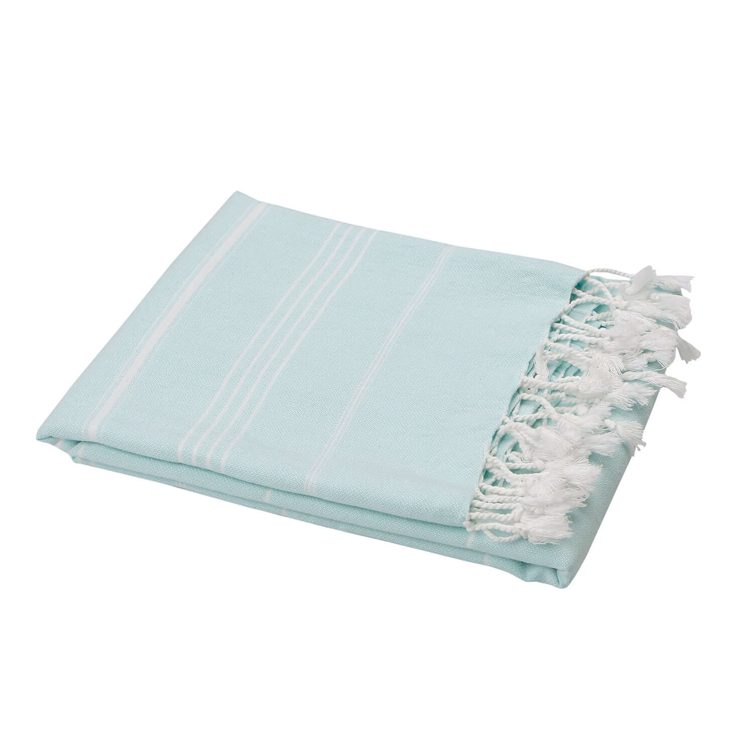 Folded Loom Legacy aqua beach towel with subtle white vertical stripes. The towel features fringed white tassels on its edge, all displayed against a white background.