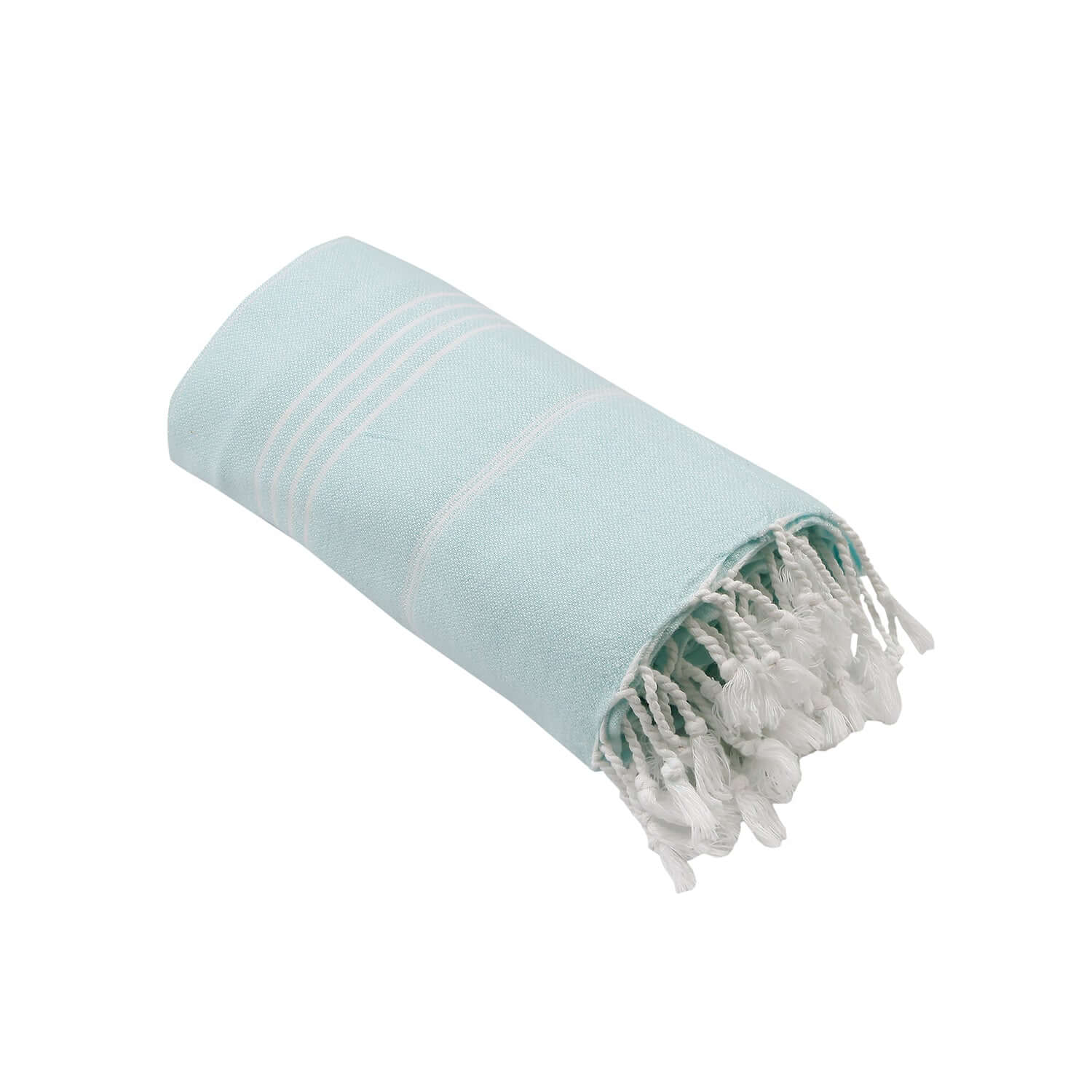 Rolled-up Loom Legacy aqua beach towel with subtle white vertical stripes. One end of the towel showcases fringed white tassels, all presented against a white background.