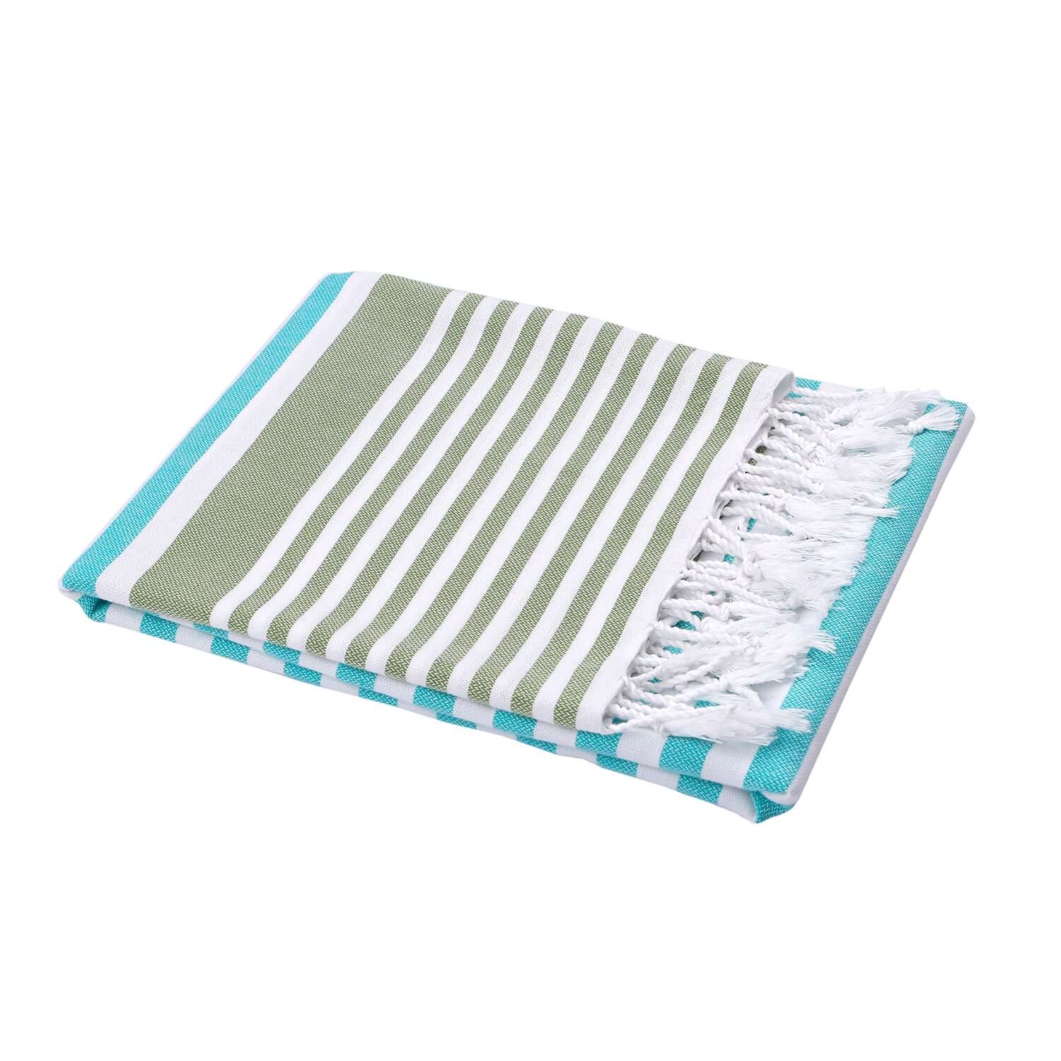 Folded Loom Legacy turquoise and green beach towel with subtle white vertical stripes. The towel features fringed white tassels on its edge, all displayed against a white background.