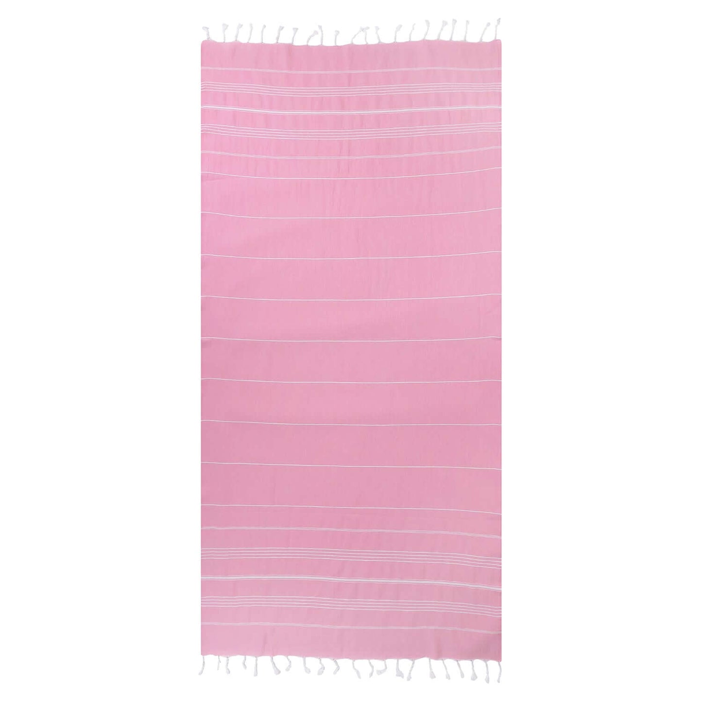  Loom Legacy pink beach towel with subtle horizontal stripes and white tassels along the top and bottom edges, displayed against a white background.