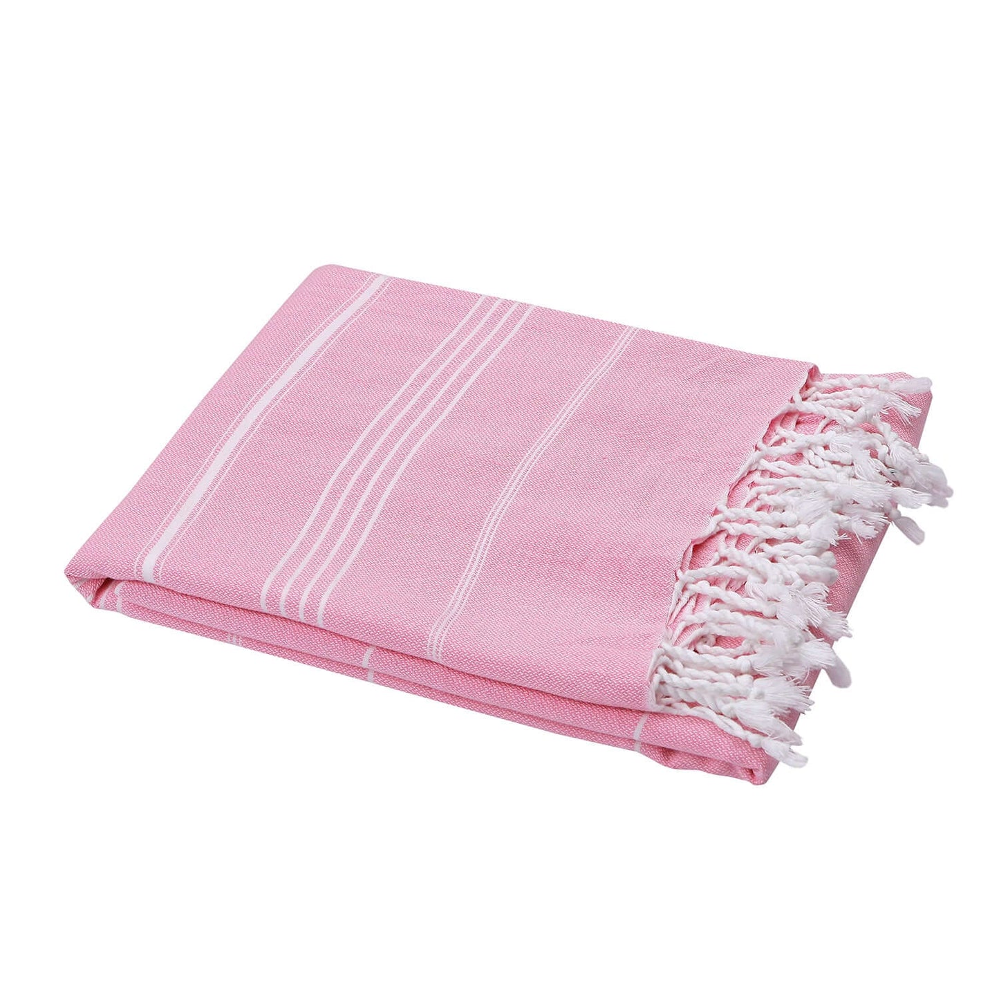 Folded Loom Legacy pink beach towel with subtle white vertical stripes. The towel features fringed white tassels on its edge, all displayed against a white background.