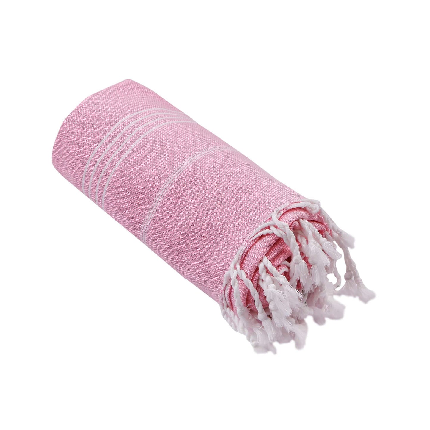Rolled-up Loom Legacy pink beach towel with subtle white vertical stripes. One end of the towel showcases fringed white tassels, all presented against a white background.