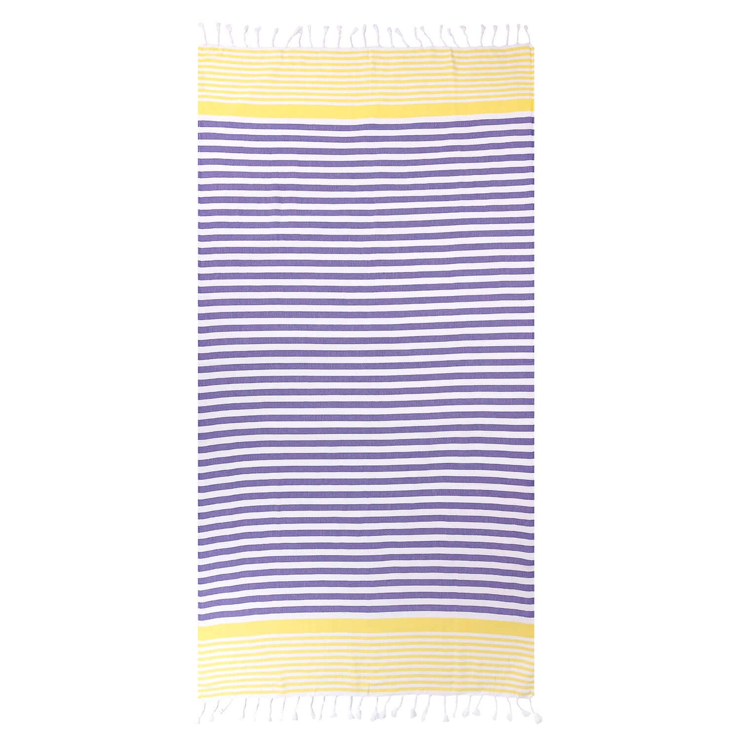 Loom Legacy purple and yellow beach towel with subtle horizontal stripes and white tassels along the top and bottom edges, displayed against a white background.