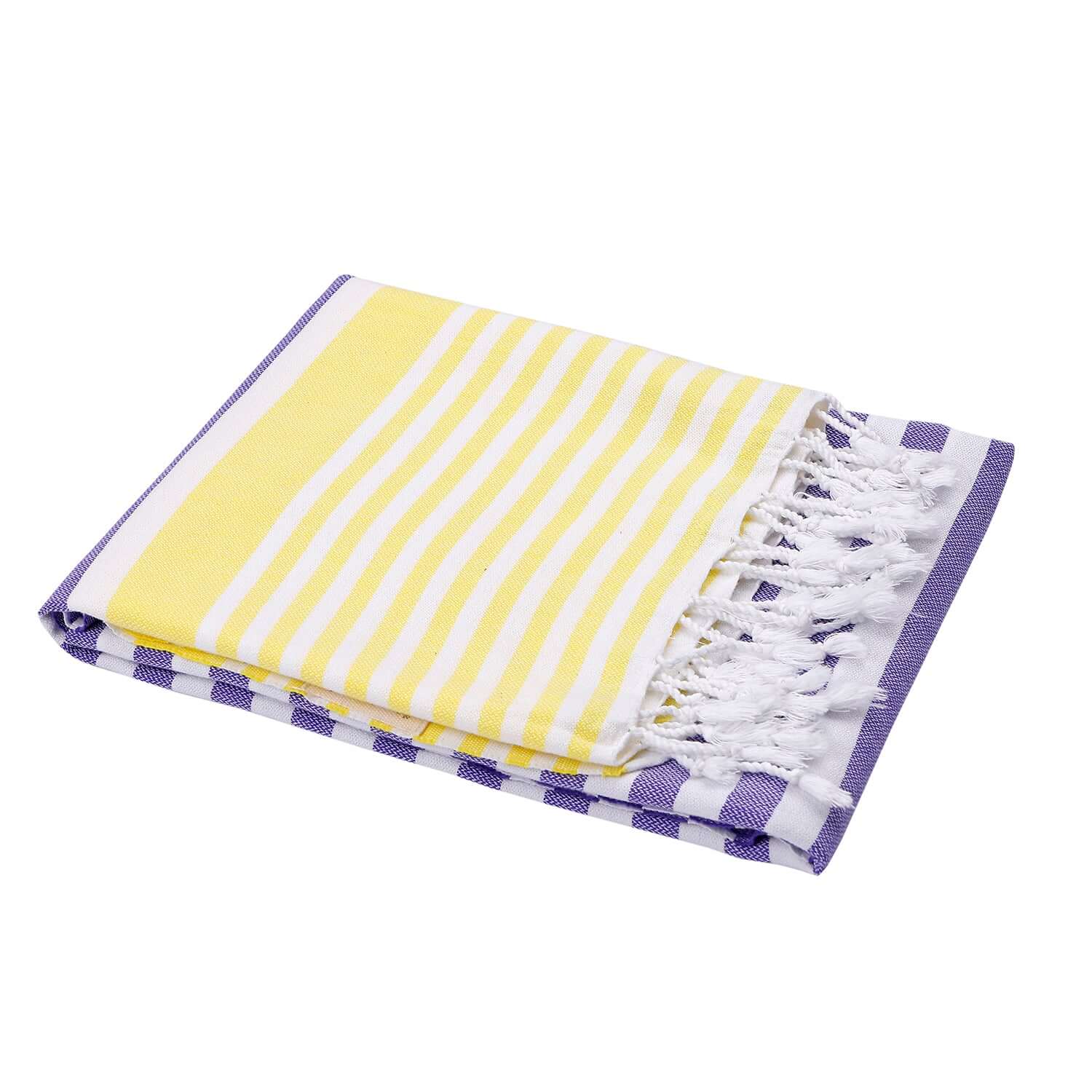 Folded Loom Legacy purple and yellow beach towel with subtle white vertical stripes. The towel features fringed white tassels on its edge, all displayed against a white background.