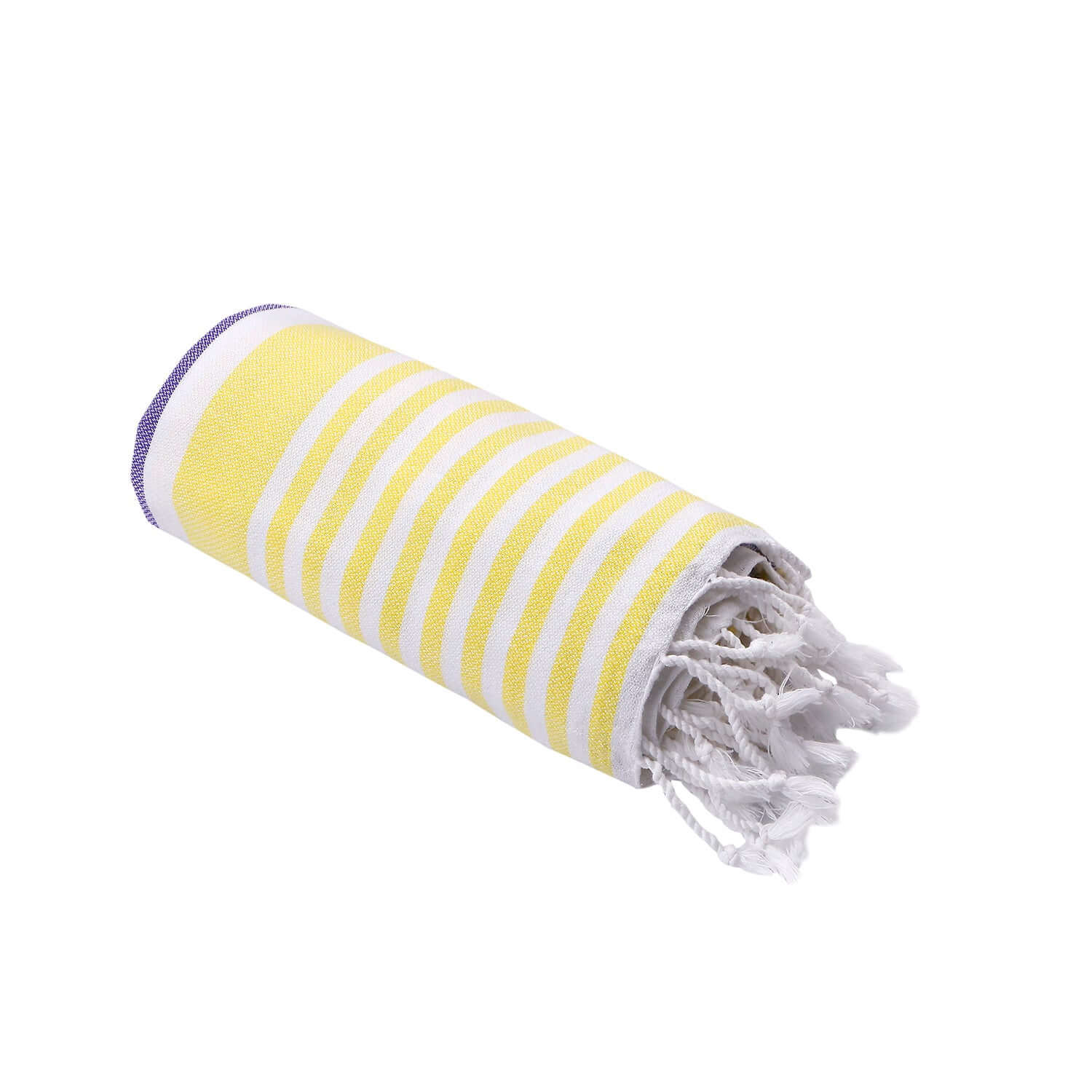 Rolled-up Loom Legacy purple and yellow beach towel with subtle white vertical stripes. One end of the towel showcases fringed white tassels, all presented against a white background.